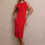 Vestido Midi com Fenda Frontal e Decote Clássico