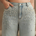 Calça Jeans Mom Cintura Alta com Pérolas – Azul | Altenlune
