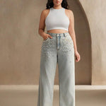 Calça Jeans Mom Cintura Alta com Pérolas – Azul | Altenlune